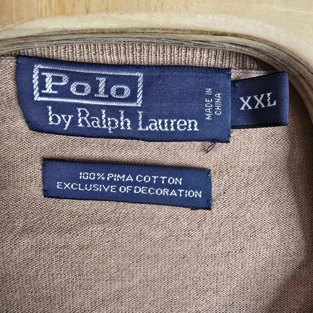 Polo Ralph Lauren Mens‎ Tan V Neck Sweater XXL Pima Cotton Embroidered Logo